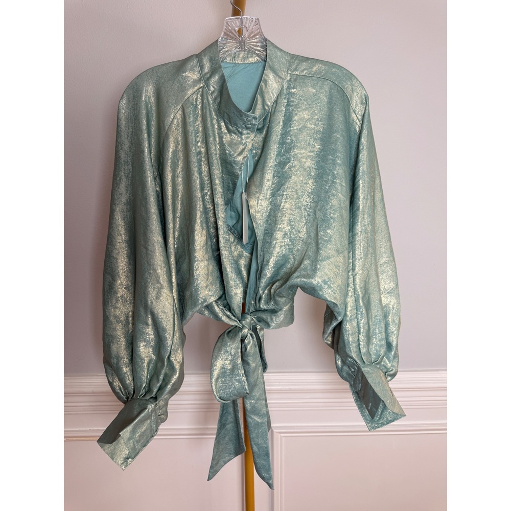 Glam Metallic Tie Front Crop Top Women S Seafoam Green Gold Balloon Sleeve
